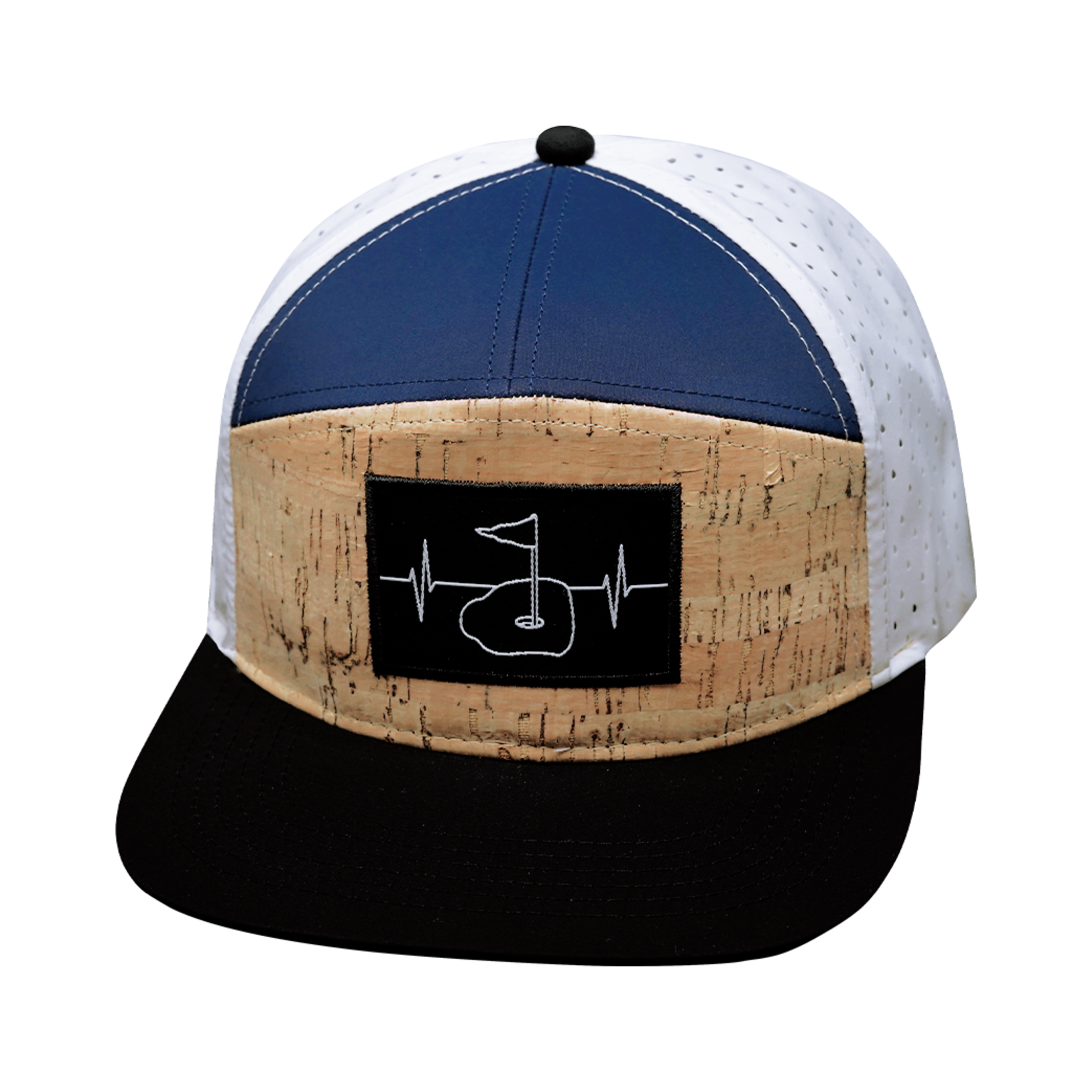 Golf Hat - Flat Bill - Cork - Black / Navy / White - Laser Mesh